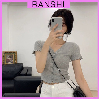 Áo Thun Tay Ngắn Cổ Tim RANSHI Thiết Kế Xoăn Viền Ôm Body Kiểu Dáng Basic Dễ Phối Đồ Chất Thun Gân - RA126