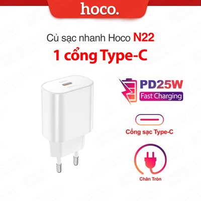 Củ sạc nhanh PD25W Hoco N22 1 cổng Type-C chất liệu cao cấp chống cháy, chân tròn