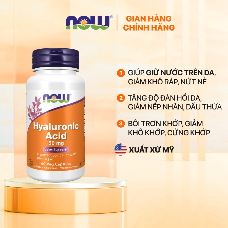 Viên uống cấp nước Hyaluronic Acid Now (60 viên) của Mỹ, giảm khô ráp, lão hóa, tăng độ đàn hồi da