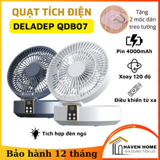  Quạt Tích Điện DELADEP QDB07 - Quạt Để Bàn ,Treo Tường Không Dây Tích Điện 4000mAh Tặng 2 Móc Treo 