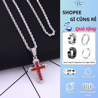 Dây chuyền nam nữ dạng xoắn mặt chữ thập thời trang pun mặt dây chuyền bọc đá đỏ cá tính - vòng cổ redy