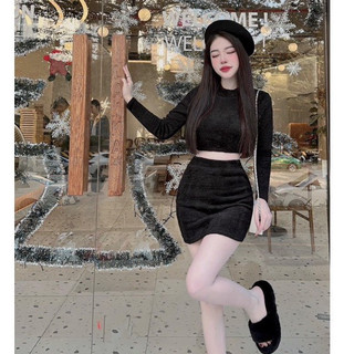 Set bộ thu đông áo tay dài croptop, váy ngắn , chất liệu thun gân mềm nhẹ