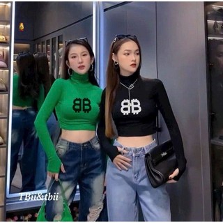 áo croptop tay dài cổ cao in chữ BB giữa ngực thun bozip xinjn xò