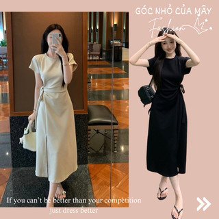 2841 Váy cổ tròn dáng suông xẻ đùi buộc eo trẻ trung GNCM