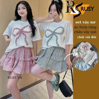Set váy nơ chân váy xoè sọc nhiều màu , set bộ áo đính nơ tay ngắn + váy dáng xoè rusy