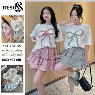 Set Váy Nơ Chân Váy Xoè Sọc Nhiều Màu , Set Bộ Áo Đính Nơ Tay Ngắn + Váy Dáng Xoè RYSO FASHION
