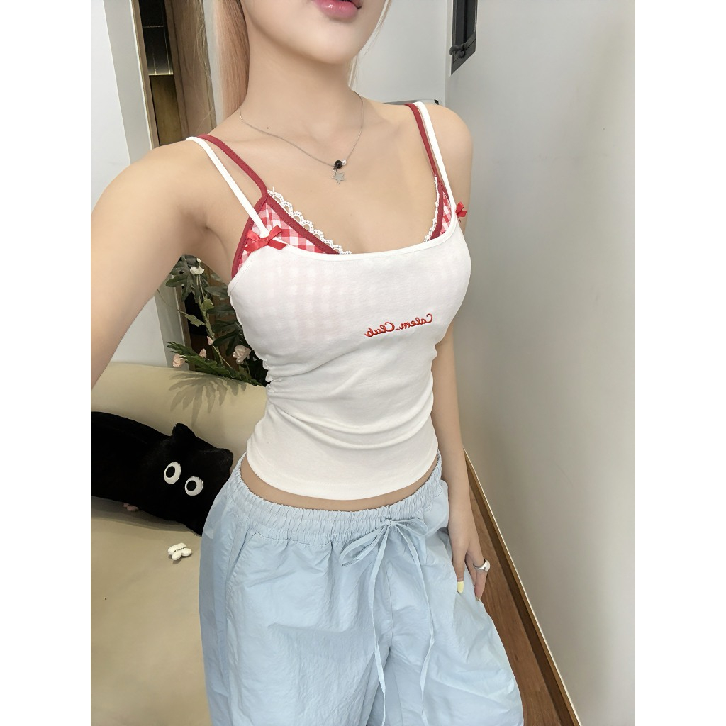 Set Áo nữ 2 dây Trắng kèm CORSET Bra caro đỏ sexy dễ thương La_belle_18 | BigBuy360 - bigbuy360.vn