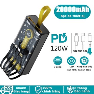 Sạc Dự Phòng 20.000 mAh PD120W tích hợp 3 dây sạc, có đèn Led