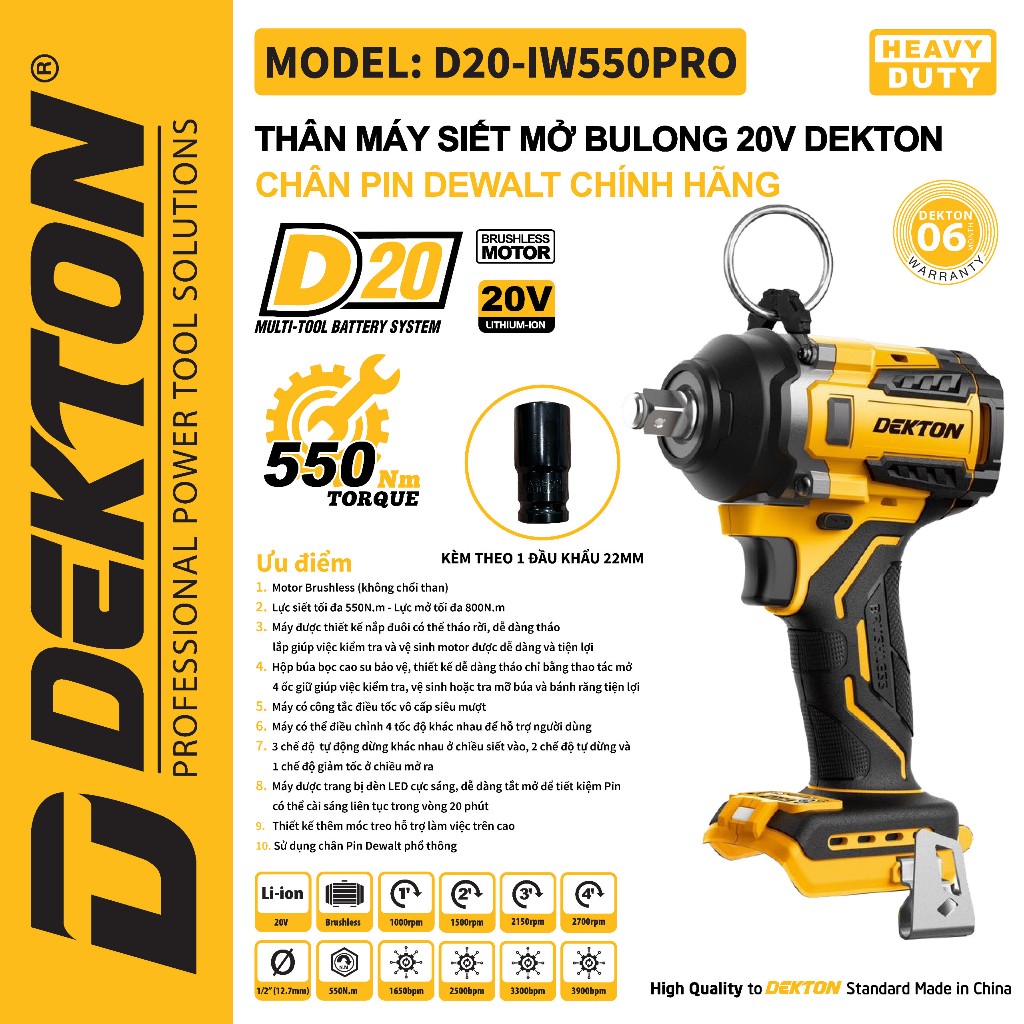 Máy Siết Bulong Dekton 550Nm / D20-IW550PRO / Brushless / 4 Cấp Tốc Độ / 5 Mode Làm Việc / Chân DEWALT