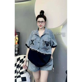 Set bộ jean in chữ áo kiểu phối thun đắp 2 túi nắp tay ngắn + quần short 0724 thaotranshop90 [kèm ảnh thật chụp sàn]