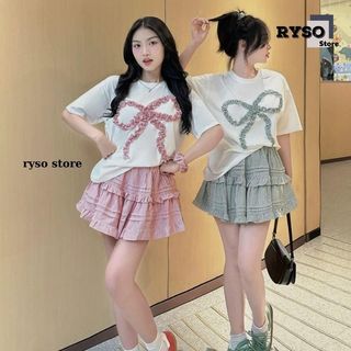 Set váy nơ chân váy xoè sọc nhiều màu , set bộ áo đính nơ tay ngắn + váy dáng xoè ryso