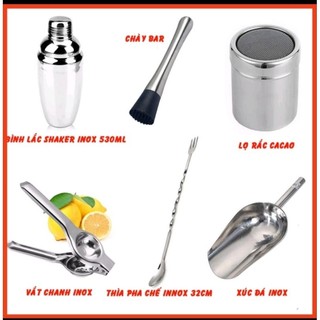 Combo 6 món dụng cụ pha chế inox cao cấp:Bình lắc inox 500ml, chày dầm, kẹp chanh,xúc đá, Thìa 32cm, lọ rắc bột
