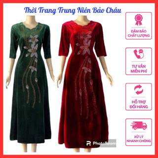  Đầm dạ hội trung niên sang trọng vải nhung hoa ép đá bigsize 75kg Đầm trung niên dự tiệc sang trọng vải nhung kết đá 