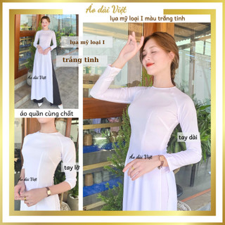Áo dài trắng cổ tròn đồng phục học sinh nữ đi học chụp hình kỷ yếu may sẵn truyền thống lụa mỹ cao cấp có quần đen
