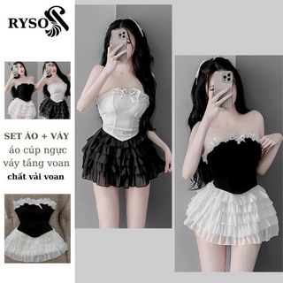Set Bộ Áo Ống Croptop Phối Ren + Chân Váy Tầng Chất Voan Dáng Xoè RYSO FASHION