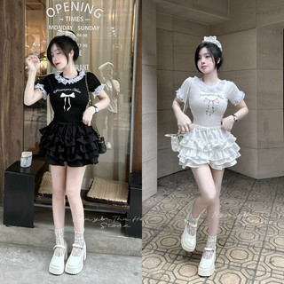 Set áo nơ cổ ren phối chân váy tầng mã has87