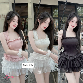 Set áo hai dây viền bèo phối chân váy tơ tầng mới