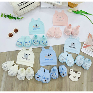Sét mũ bao tay bao chân bé trai bé gái sơ sinh hình cún chất petit mềm mát thấm hút mồ hôi