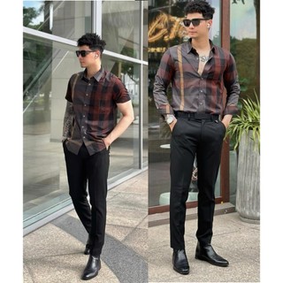 Áo sơ mi nam xám nâu kẻ sọc vàng sang trọng tay dài tay ngắn kiểu caro vải cotton mềm mịn cao cấp