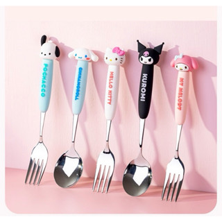 Set Muỗng Nĩa Đầu Bọc Nhựa Hình KUROMI Hoạt Hình Sanrio Dễ Thương Siêu Xinh - Bằng Thép 304 [chính hãng]