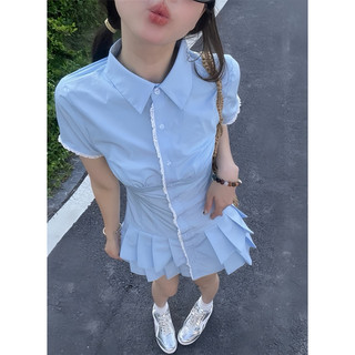 (Hàng may loại 1) Đầm sơmi xanh viền ren trắng
