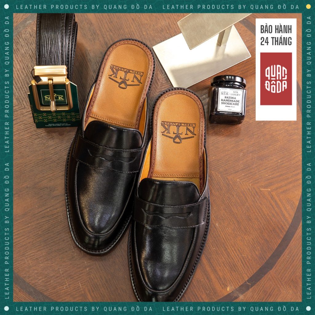 Giày Sục Nam Đế Gỗ Phíp Da Thật Màu Đen SP_02C, Bảo Hành 24 Tháng, Đế Khâu Chắc Chắn | Quang Đồ Da