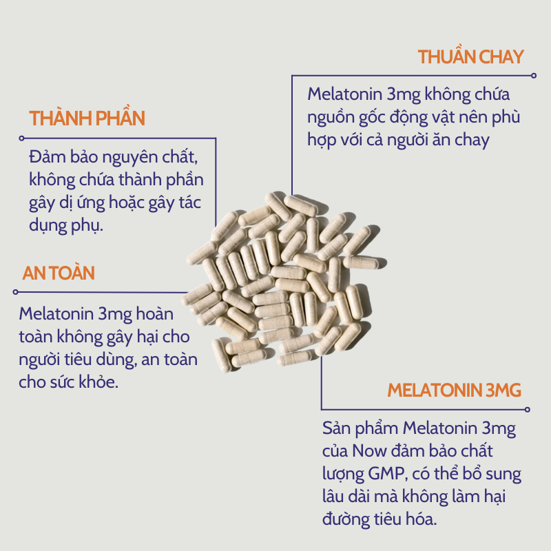 Viên hỗ trợ ngủ ngon Now Melatonin 3mg hộp 60 viên của Mỹ giúp giảm stress, hỗ trợ an thần đi vào giấc ngủ sâu hơn