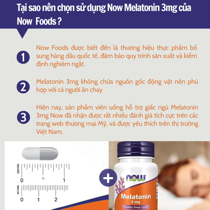 Viên hỗ trợ ngủ ngon Now Melatonin 3mg hộp 60 viên của Mỹ giúp giảm stress, hỗ trợ an thần đi vào giấc ngủ sâu hơn