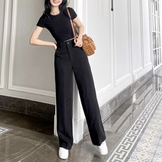 Quần Ống Rộng Suông lưng cao khóa trước 2 khuy chất tuyết mưa khuy giữa quần ống xuông cạp cao