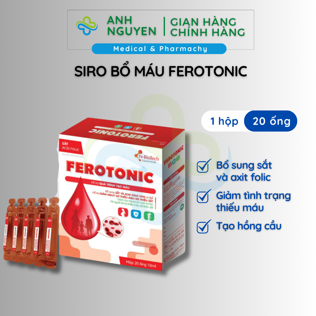 Siro bổ máu Ferotonic (20 ống) bổ sung sắt hữu cơ, Acid Folic, cải thiện tình trạng thiếu máu, tạo h