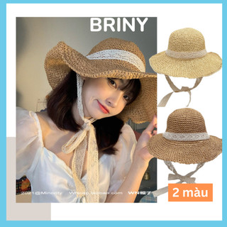 Mũ cói vintage đi biển nón cói rộng vành mềm nơ ren siêu dài buộc dây phong cách Hàn Quốc Briny M03