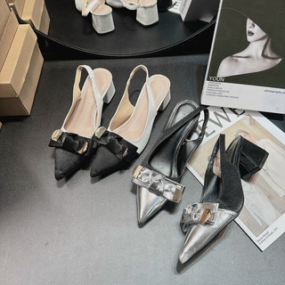 Sandal cao gót mũi nhọn phối màu nơ Ú gót vuông cao 5 cm S19