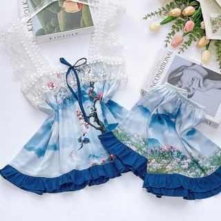 Đồ ngủ 2 dây ren bản to, đồ bộ mặc nhà có nơ cột giữa siêu dễ thương DN126