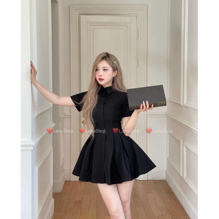 [LanuShop] Váy cổ sơ mi dáng xoè chiết eo Huyền Bí, Đầm cộc tay xoè Tôn 3 vòng Sịn mịn, Giá cực tốt