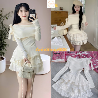 Sét váy gồm áo trễ vai bo tăm bẻ vai tay dài chéo vạt + chân váy đũi gân phối ren