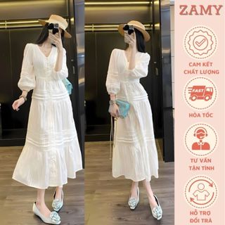 Váy đầm nữ, đầm maxi tay lỡ cổ V viền ren màu trắng chất tơ nhăn cao cấp Zamy thiết kế đi chơi, đi biển