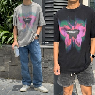 Áo Thun Nam Butterfly YG, phông cổ tròn ngắn tay Unisex Oversize wash Xám - GATE6 - 5221