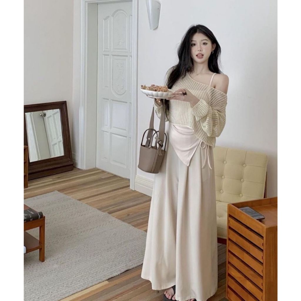 Set Đồ Nữ - Áo 2 Dây Lệch Vai Mix Với Quần Ống Rộng Phong Cách Nhẹ Nhàng Nữ Tính | BigBuy360 - bigbuy360.vn