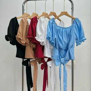 Áo sơ mi kiểu bigsize nữ tay ngắn nhún ngực và tay cột nơ phía sau AT9