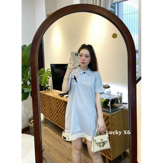 Áo váy sơ mi cổ phối gấu ren kẻ xanh trắng siêu xinh, váy sơ mi kẻ xanh trắng dáng suông