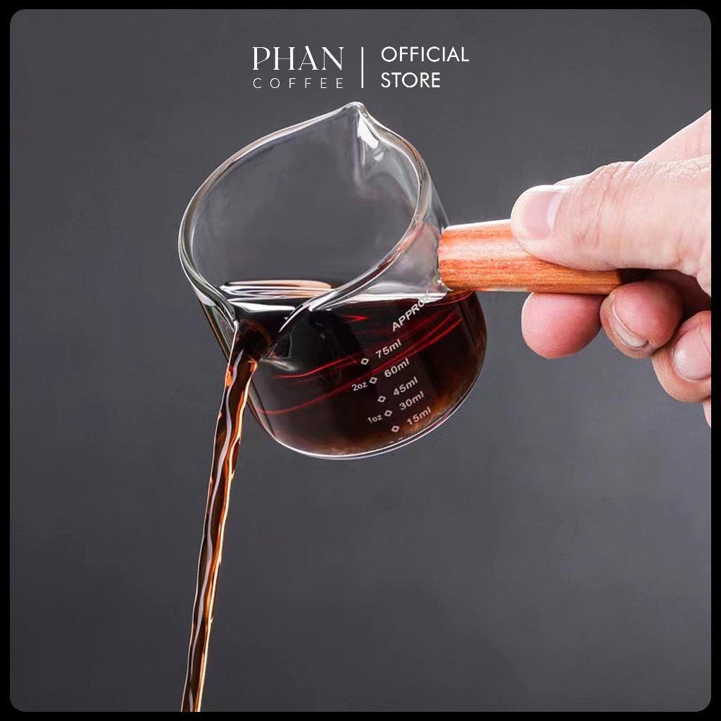 Cốc đong cà phê Epresso tay cầm gỗ 75ml