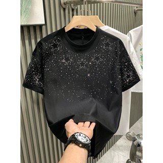 Áo Phông Nam , Áo Thun Đính Đá Chất Liệu Coton Đen Trắng