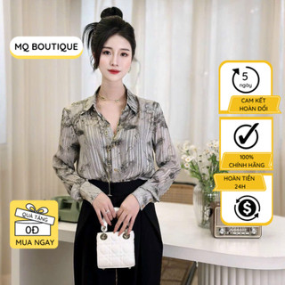 Áo sơ mi nữ dài tay tơ sọc dệt nhũ cao cấp công sở họa tiết đốm xám ghi vệt, áo sơ mi thiết kế MQ Boutique