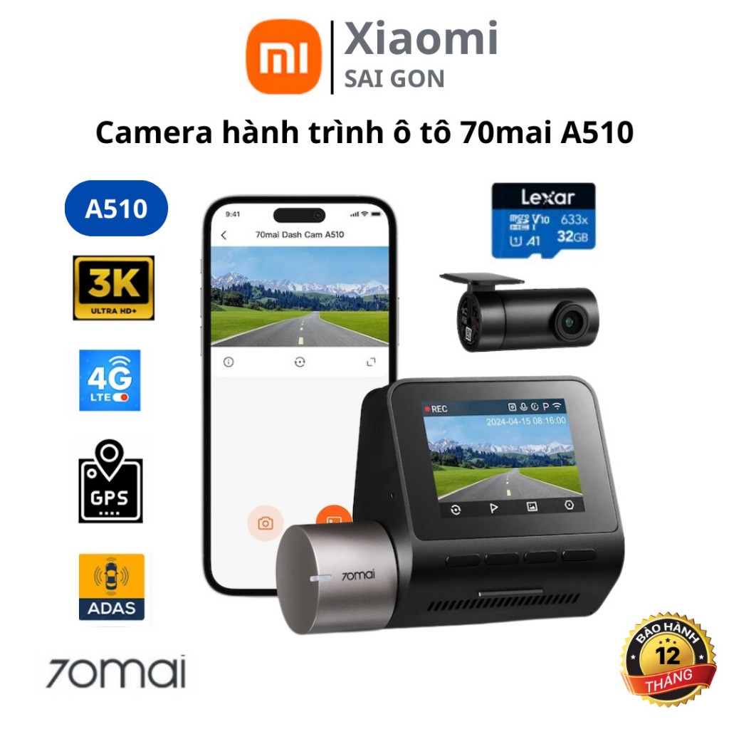 Camera hành trình ô tô 70mai A510 4G, 3K HDR , có GPS , ADAS, camera sắc nét, phiên bản quốc tế ghi 