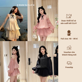 Yuna Dress Váy babydoll thiết kế kèm quần short hở vai cổ sơ mi bo tròn tay bồng tách rời có bigsize Clay Clothing