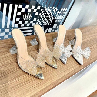 Giày cao gót nữ Minh Thư thời trang mũi nhọn quai trong gắn nơ, dép cao gót nữ tôn dáng sang trọng7cm - 9cm mũi nhọn