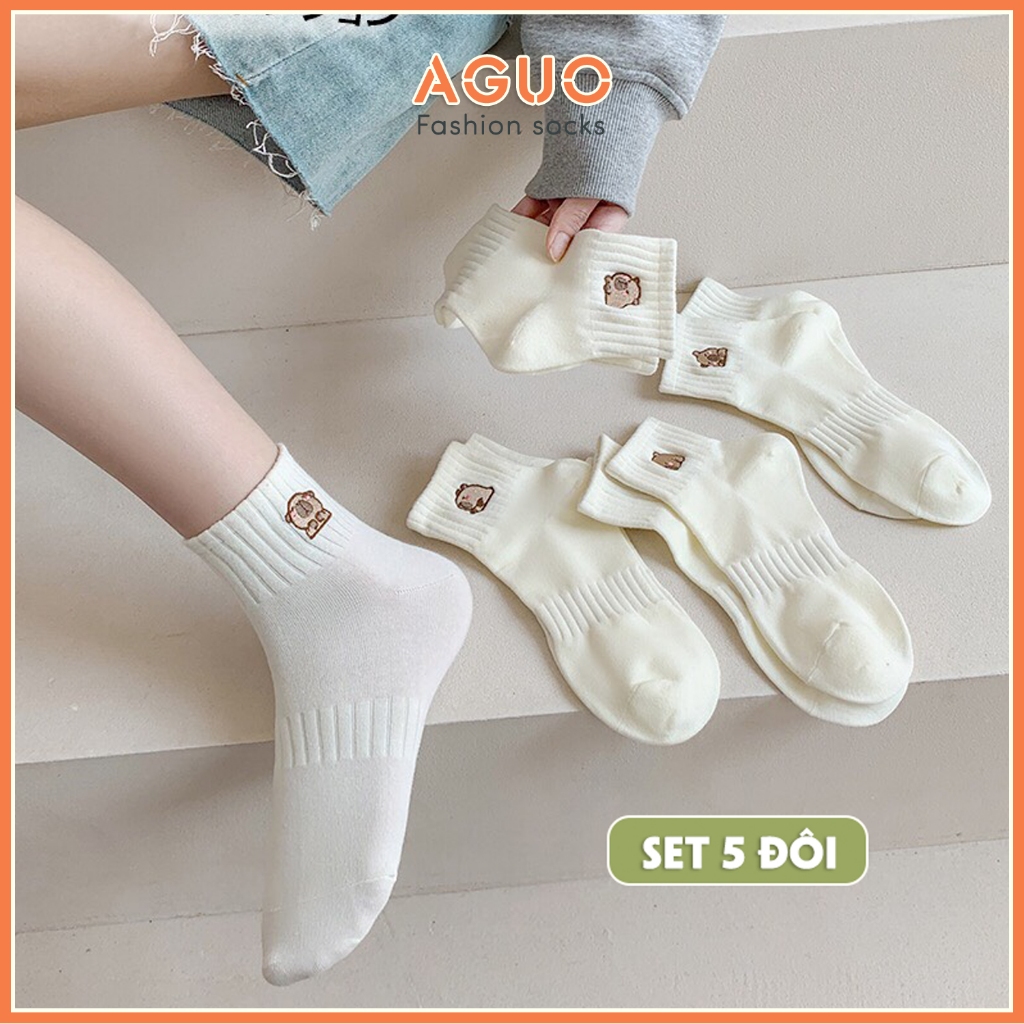 Tất vớ nữ set 5 đôi cổ ngắn chất liệu cotton họa tiết gấu xinh xắn dễ phối đồ - Aguo shop