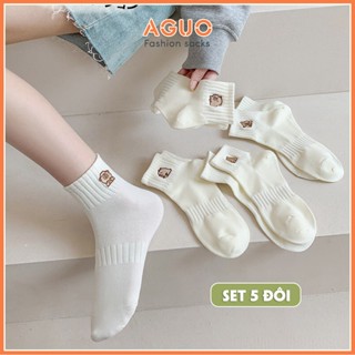 Tất vớ nữ set 5 đôi cổ ngắn chất liệu cotton họa tiết gấu xinh xắn dễ phối đồ - Aguo shop