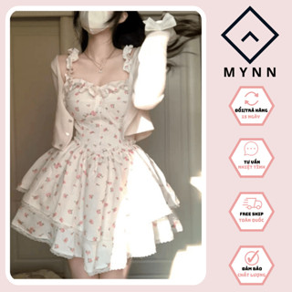 Váy hoa nhí xòe thiết kế hai dây công chúa kèm áo khoác gân ngoài cho các tình yêu