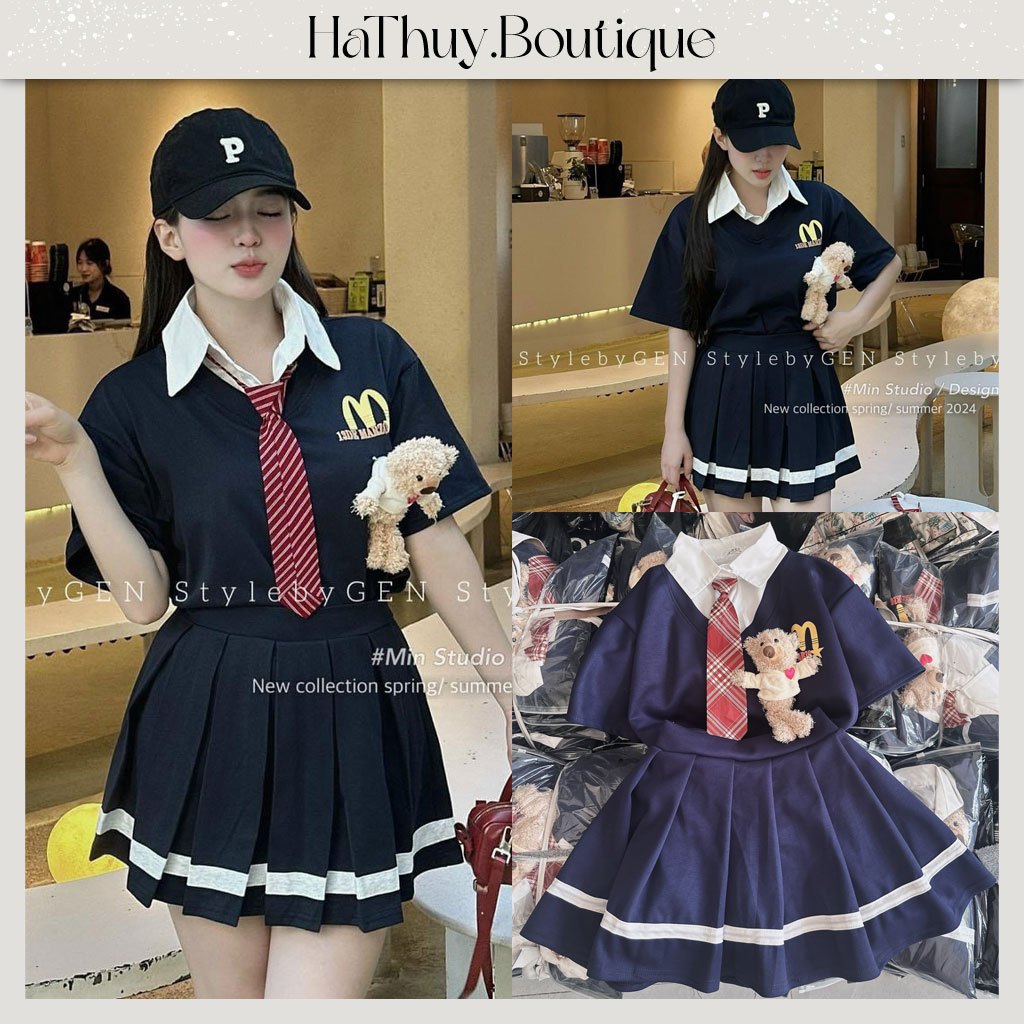 Set Bộ Đồ Nữ Áo Phông 13DE MARZO Cổ Bẻ 2 Lớp Phối Cà Vạt Rời Kèm Gấu Đính Mix Chân Váy Xếp Ly Viền N